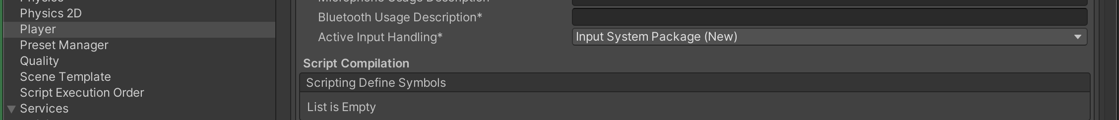 show Project Settings with new input system switched on